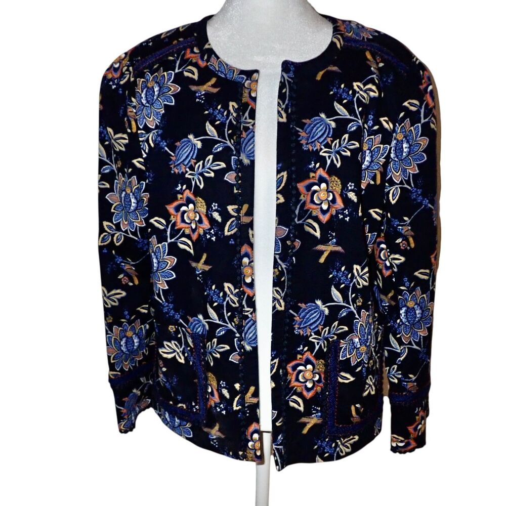 LOFT Blazer 12 Navy Floral Long Sleeve Open Front Jacket Pockets Ann Taylor